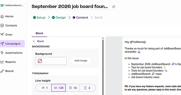 Email campaign editing screen for a job board founders monthly newsletter scheduled for September 2026 in a marketing platform.