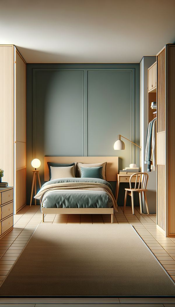 An elongated Twin XL bed in a narrow bedroom, fitted with appropriate bedding and surrounded by other bedroom furniture.