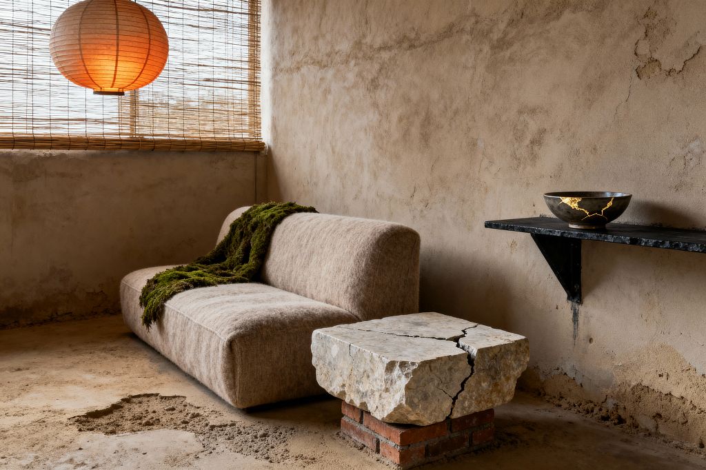A Wabi-Sabi living room shows a low, armless sofa in soft taupe wool against rough, limewashed plaster walls. A moss-green throw lies on the seat, a cracked stone slab set on red bricks serves as a table, and a slim black shelf holds a ceramic bowl mended with gold kintsugi. Bamboo blinds filter daylight while a round paper lantern glows warmly above an uneven concrete floor.