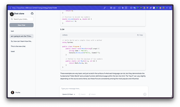 The image displays a chat application interface with code snippets and a search bar.