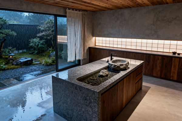 A minimalist Japanese kitchen opens to a rain-soaked garden through a large sliding glass door. A honed gray stone island features a pebble-lined water trough and a roughly carved stone bowl sink with a matte black faucet, set over warm walnut cabinetry. Backlit shoji panels extend along the wall above matching base cabinets, while a cedar plank ceiling and smooth gray floor keep the palette restrained and natural.