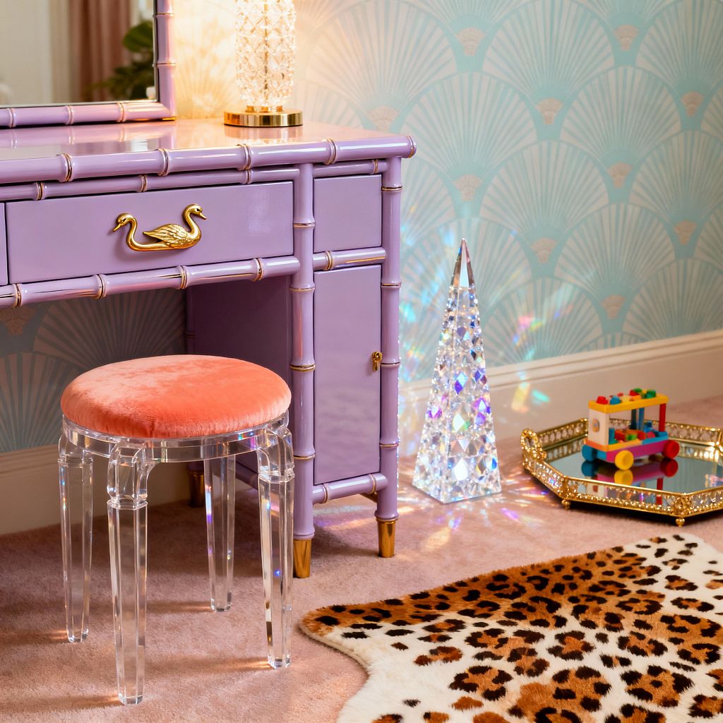 A children’s room corner in Hollywood Regency style shows a glossy lilac faux-bamboo vanity with gold swan drawer pull and gold-capped feet. A clear acrylic stool with a peach velvet seat sits on blush carpet beside a leopard-print faux hide rug. Pale aqua wallpaper with a repeating fan motif forms the backdrop. On the vanity is a crystal lamp; nearby, a faceted crystal obelisk refracts rainbow light. A gold-framed mirrored tray holds a colorful toy train.