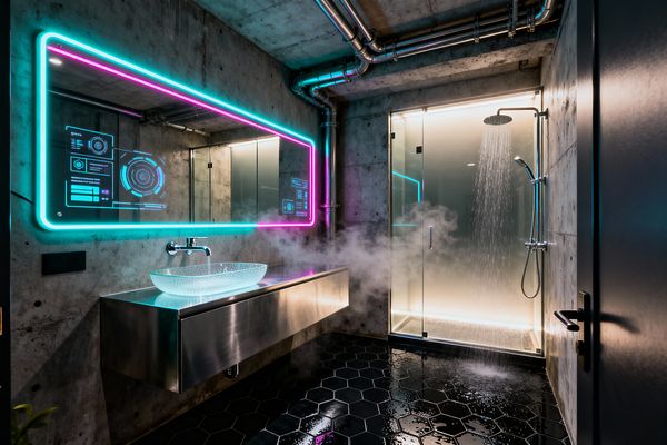 An industrial cyberpunk bathroom with raw concrete walls and ceiling, exposed steel piping, and a floating brushed-steel vanity supporting a frosted glass vessel sink. A wide smart mirror edged in cyan and magenta neon displays interface graphics, while a glass-enclosed shower glows with warm backlighting and rainfall hardware; glossy black hex tiles reflect water and steam across the floor, creating a moody, high-tech atmosphere.