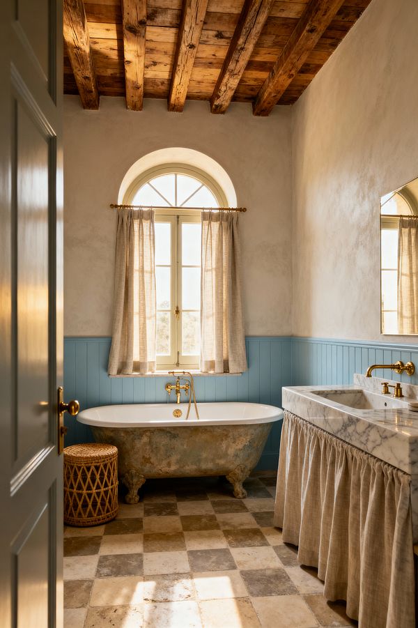 A French Country bathroom with an arched window dressed in natural linen curtains above a freestanding clawfoot tub with a weathered exterior and white interior. Duck-egg blue beadboard wainscoting meets limewashed plaster walls, while a tumbled limestone checkerboard floor anchors the space. A thick white marble vanity with a gathered linen skirt and brass faucets sits to the right, under a large mirror, with rustic exposed timber beams overhead.