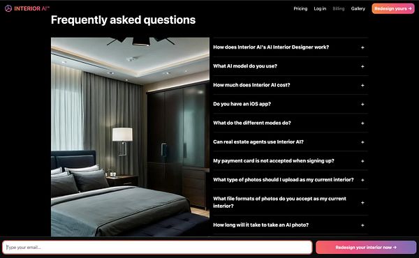 The image displays a FAQ section for Interior AI, featuring a modern bedroom design.