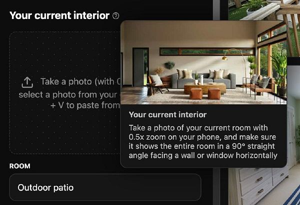 The image displays a user interface for capturing interior photos with specific instructions.