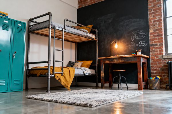 Kids’ bedroom with an industrial aesthetic featuring a bunk bed made from galvanized steel pipes and wood slats, dressed in gray gingham bedding with a mustard throw and pillows. A black chalkboard wall and exposed red brick flank a reclaimed wood desk with an exposed bulb lamp and metal stool; teal metal lockers, a soft gray rug on polished concrete, a wire basket of toys, and a window with a dark radiator complete the scene.