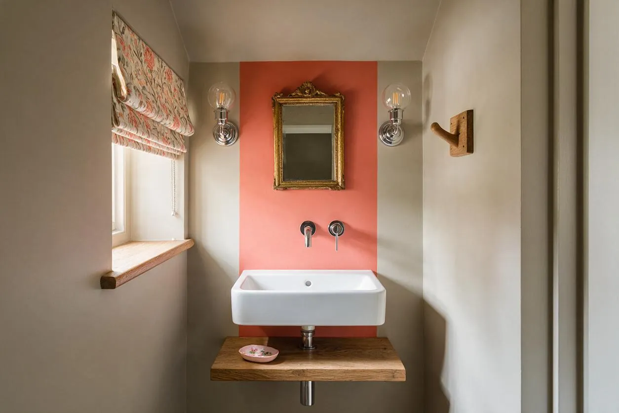 A narrow eclectic bathroom with a coral accent wall behind a white wall-mounted sink, topped by an ornate gold-framed mirror and flanked by clear globe sconces. A wood shelf and matching floating vanity add warmth, while a floral Roman shade softens the window on the left.