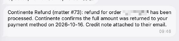 A message notification about a supermarket refund confirmation with details on the refund amount and payment method.