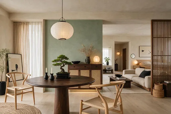 A calm Japandi-style dining room with a round dark wood pedestal table, two light wood woven chairs, and a large paper pendant lamp centered overhead. A sage green accent wall anchors a rattan-front sideboard styled with a bonsai, ceramics, and dried grasses, while soft neutral textiles, sliding wood slats, and beige seating extend the warm minimalist atmosphere into the adjacent living and bedroom areas.