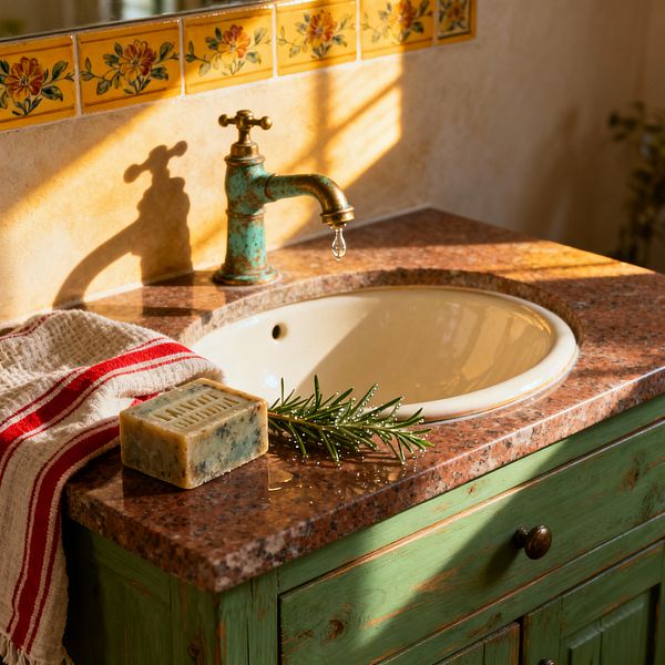 A close-up of a French Country bathroom vanity shows a rosy-brown granite counter with an ivory oval drop-in sink set in a distressed green painted cabinet. An aged copper faucet with verdigris patina stands before a backsplash of yellow tiles hand-painted with small flowers, framed by warm plaster walls. Sunlight highlights a red-striped linen towel, an artisanal soap bar, and a rosemary sprig near the sink.