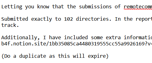 The image displays a text document containing a message about job board submissions.