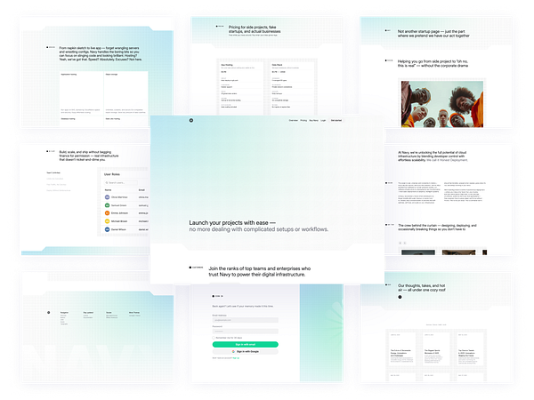 A collage of web pages showcasing a Navy-themed digital platform for project management and deployment.