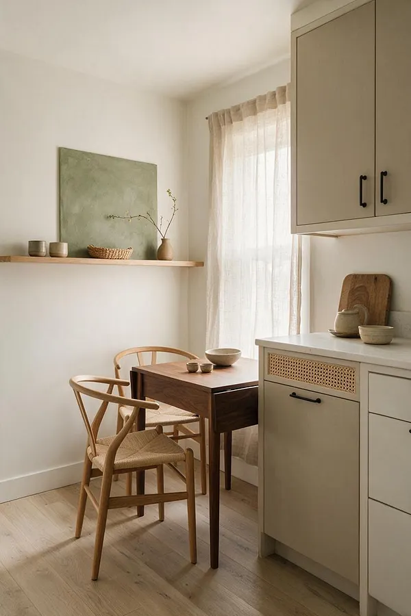 A serene Japandi-style kitchen nook with a small dark wood table and two curved wooden chairs with woven seats. Cream cabinetry, a light countertop, a cane-front panel, and a floating wood shelf with simple ceramics sit beside a sheer curtained window and a muted green wall panel.