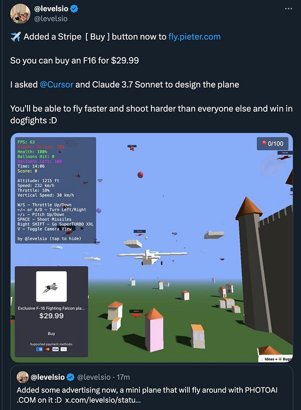 The image features a digital interface showcasing a flight simulation game with an F-16 plane for sale.