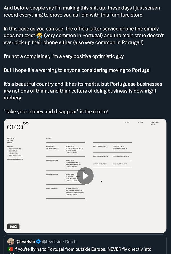 The image is a screenshot of a website displaying contact information for a Portuguese furniture company, along with a video player interface.