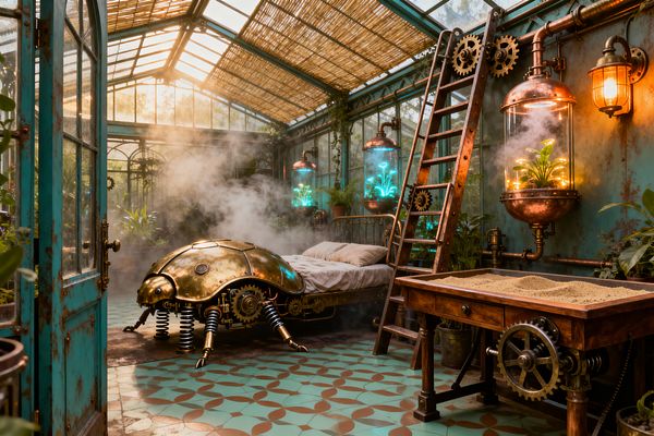 Steampunk-themed children’s room inside a greenhouse with glass roof and teal metal frames. A brass, beetle-shaped bed sits beside an iron headboard, surrounded by misty steam. Along the wall, copper pipes, gears, and three glass terrariums glow with blue and amber light around small plants. A wooden ladder leans near a reclaimed-wood workbench with crank gears and a sand tray. The patterned mint and terracotta tile floor, potted greenery, and bamboo roof shades create a whimsical, mechanical garden feel.
