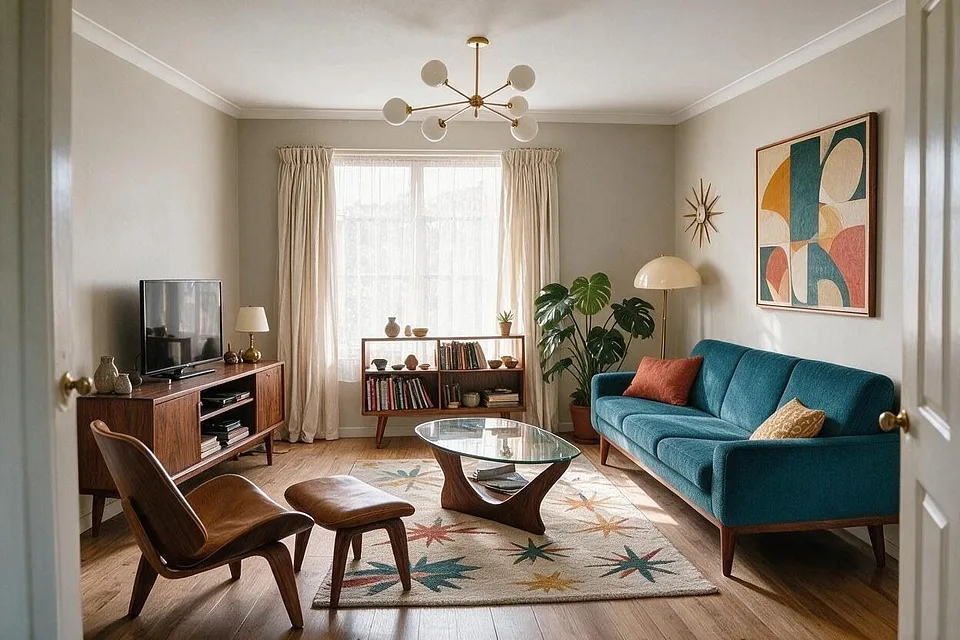 A Mid-Century Modern living room in the Petrol and Rust palette