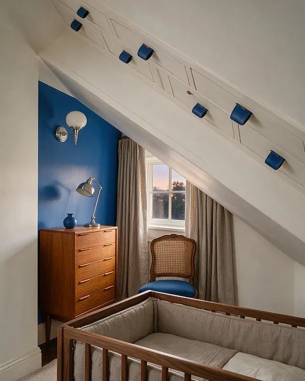 A cozy nursery tucked under a sloped ceiling features a wooden crib with neutral bedding, a vivid cobalt blue accent wall, and a mid-century style dresser with a chrome lamp. Beige curtains frame a small window, while a cane-back chair with a blue cushion adds a vintage eclectic touch. Blue cup-shaped wall hooks line the angled ceiling, creating a playful detail.