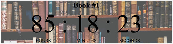 A countdown timer for a writing deadline is displayed over a background of bookshelves filled with various books.