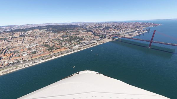 Aerial view of Lisbon with the A380 aircraft's nose in the foreground.