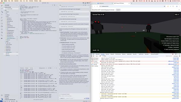 The image displays a debugging session for a first-person shooter game in a web browser, alongside a code editor showing error messages.