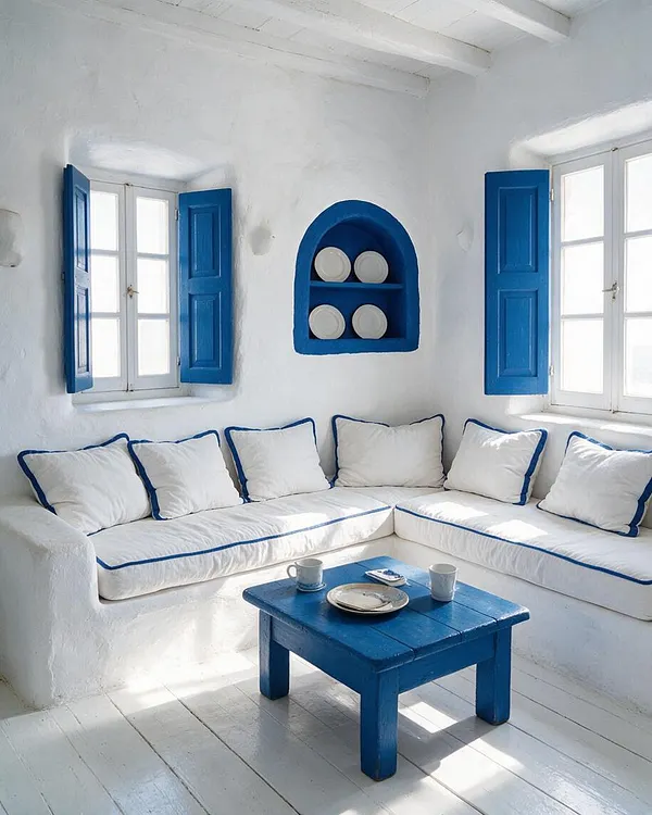 A bright Mediterranean-style living room with whitewashed walls, exposed ceiling beams, and two small windows with vivid blue shutters. An L-shaped white built-in sofa with blue piping wraps the corner beneath a blue arched niche displaying plates, while a low cobalt blue coffee table sits on a pale painted wood floor.