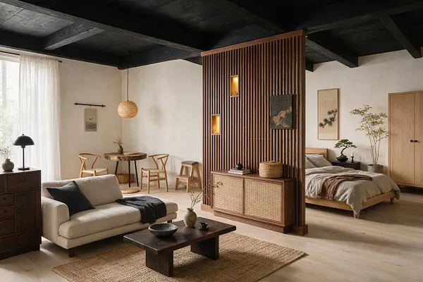 A serene Japandi-style basement living space with a cream sofa, dark wood coffee table, woven rug, and natural decor. A vertical wood slat partition separates the sitting area from a cozy bed, while soft white walls, pale wood floors, and a black ceiling create a calm, grounded atmosphere.