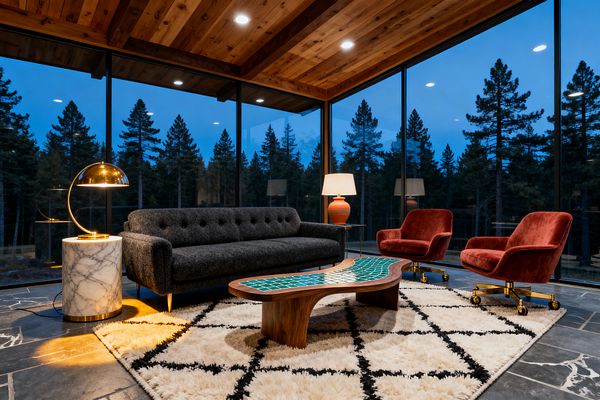 A mid-century modern living room sits in a glass-walled corner overlooking pine trees at dusk. Inside are a tufted charcoal sofa, two rust velvet swivel chairs on brass bases, and a freeform walnut coffee table with a green-and-white tiled top on a cream shag rug with black diamond pattern; lighting includes a brass dome lamp on a round marble pedestal and a terracotta table lamp, all beneath a warm wood plank ceiling with recessed downlights over slate flooring.