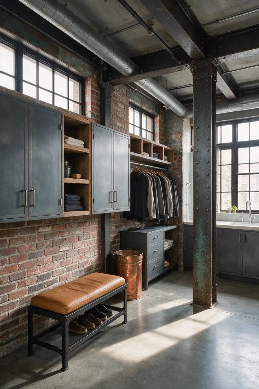 An industrial-style closet with exposed brick walls, black steel beams, and large factory windows. Dark gray built-in cabinets, open wood shelving, a hanging clothing rail, and a tan bench with shoe storage create a functional, loft-like dressing space.