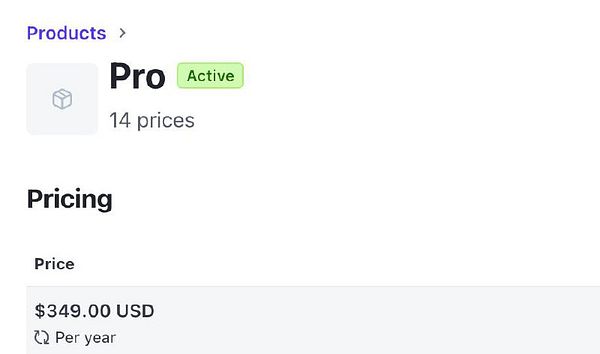 The image displays the pricing details for a Pro subscription plan.
