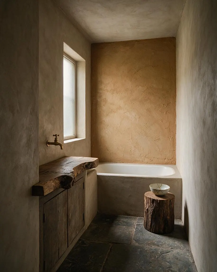 A narrow master bathroom with plaster walls, a small frosted window, and a freestanding bathtub set into a recessed alcove. A live-edge wood vanity with a brass faucet, dark stone floor tiles, and a stump-style side table with a ceramic bowl add natural, handcrafted character.