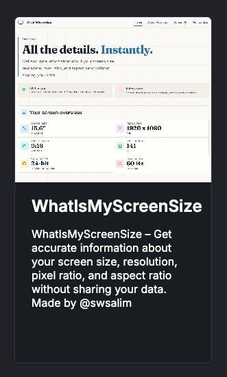Screenshot of a directory listing on Commit365.dev showcasing a new listing for Whatismyscreensize.com with its description and tags.