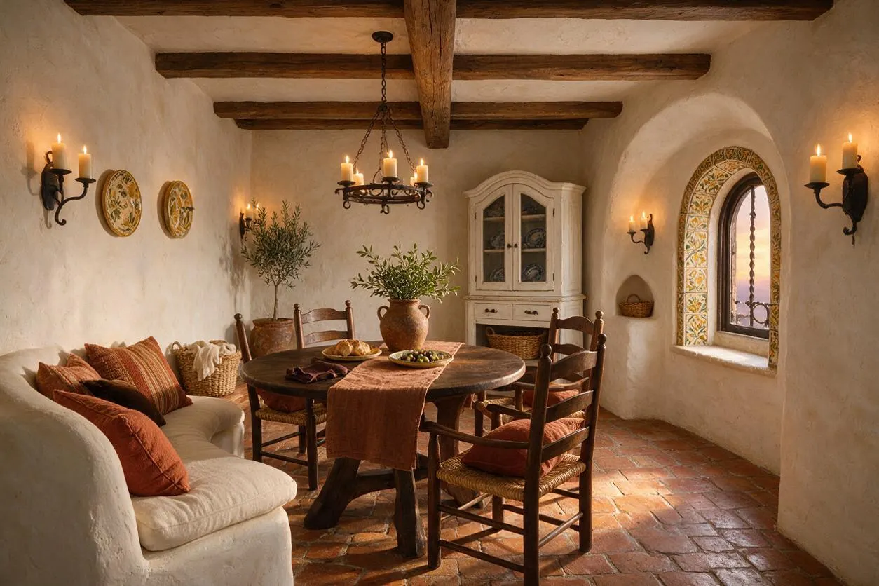 A cozy Mediterranean-style dining room with white plaster walls, exposed dark wood ceiling beams, and a terracotta tile floor. The space includes a round dark wood table, rustic wooden chairs, a curved upholstered bench, wall sconces with candles, a wrought-iron chandelier, and an arched window with patterned tile trim.