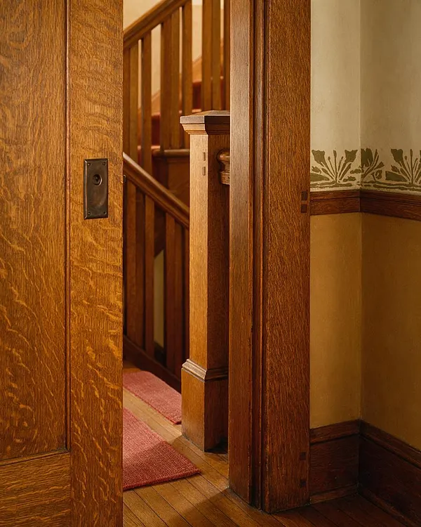 A close view of a Craftsman-style interior shows a stained oak doorframe and staircase with square wood balusters, a substantial newel post, and polished hardwood floors. The wall features a muted cream tone with a decorative green stencil border above dark wood trim, creating a warm, handcrafted look.