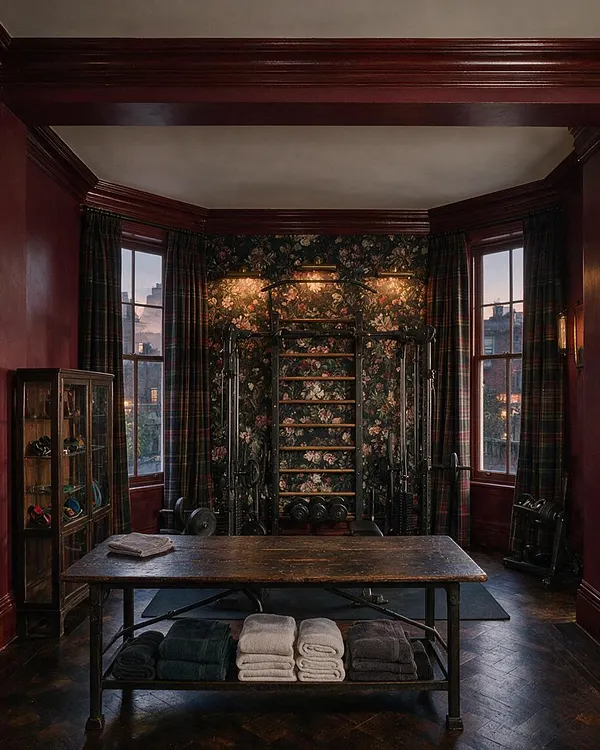 A dark academia-inspired home gym with burgundy walls, floral wallpaper, and tall windows framed by plaid curtains. The room features a central cable exercise station, free weights, a rustic workbench-style table with folded towels, and dark wood trim throughout.