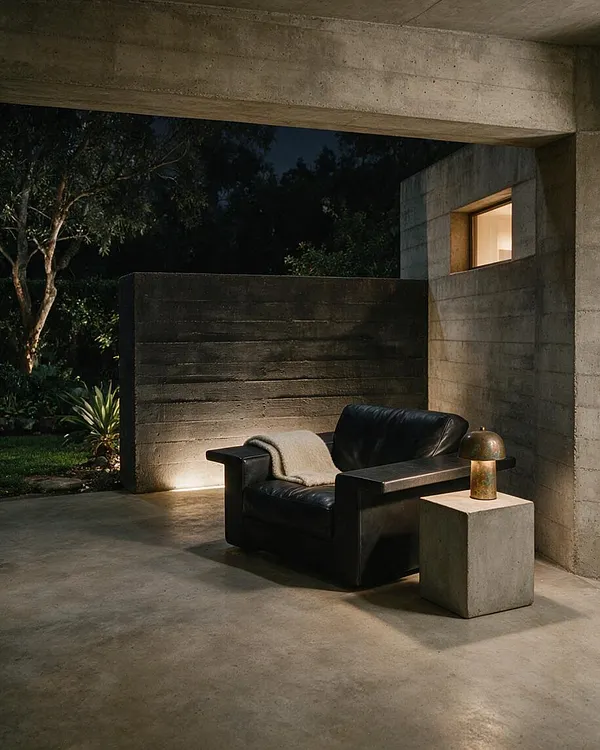 A brutalist patio with exposed concrete walls, ceiling, and floor, centered around a black leather lounge chair with a light throw. A small concrete side table holds a brass lamp, and soft warm lighting highlights the textured surfaces against the dark outdoor backdrop.