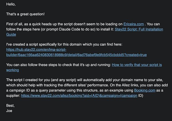 An email explaining the creation and installation guidance of a custom Stay22 script for ericeira.com, including helpful links for installation, verification, and campaign tracking.