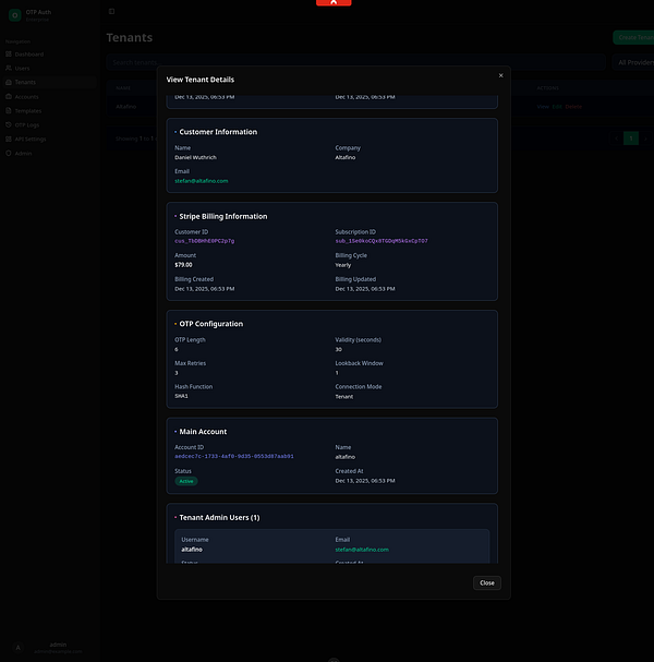The image displays a detailed view of tenant information within an OTP authentication service dashboard.