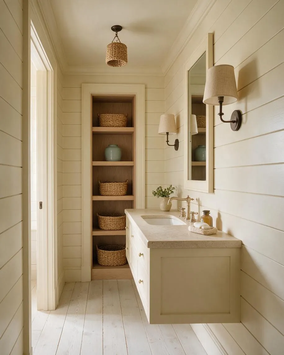A narrow coastal-style powder room with white shiplap walls, light painted floorboards, and a floating cream vanity topped with a pale stone countertop. A woven pendant, wicker baskets in open shelving, brass sconces, and a simple mirror add warmth and texture.