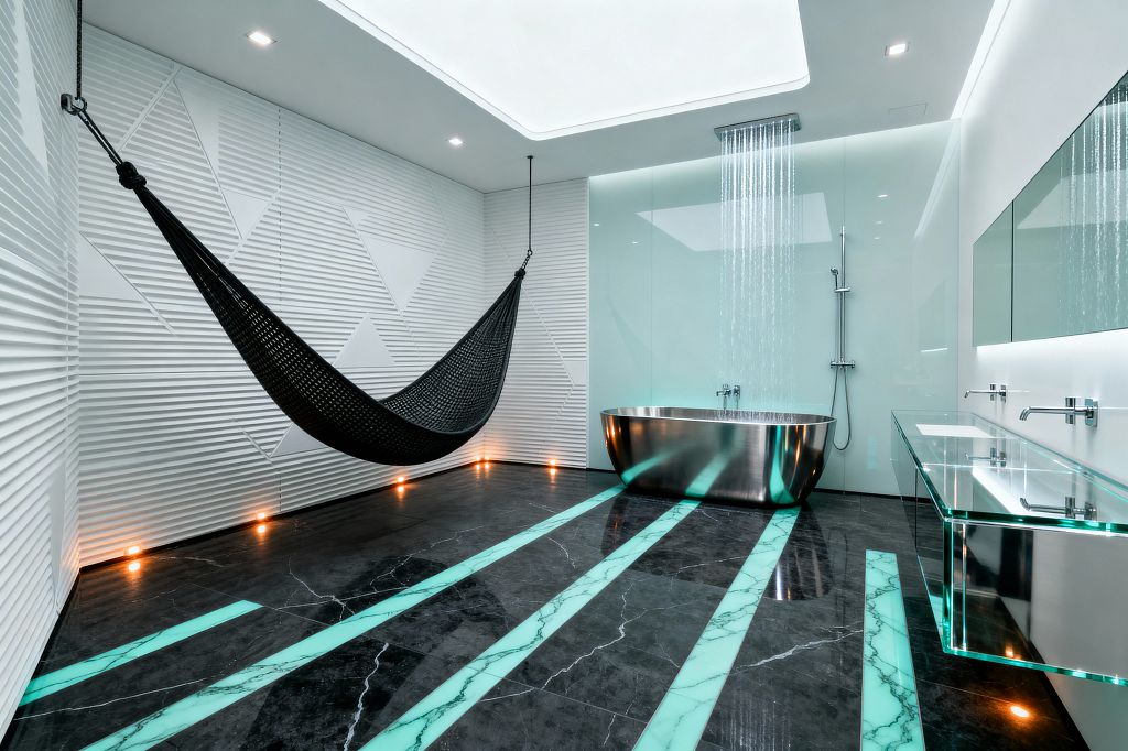 A sleek bathroom with a black marble floor inlaid with mint-lit glass strips, a brushed stainless steel soaking tub beneath a ceiling-mounted rainfall shower, and a floating clear glass vanity with wall-mounted faucets and a long backlit mirror. One wall has white geometric 3D panels with warm floor uplights, and a black woven hammock hangs from the ceiling. A frosted glass partition and diffused ceiling lighting create a cool, futuristic glow.