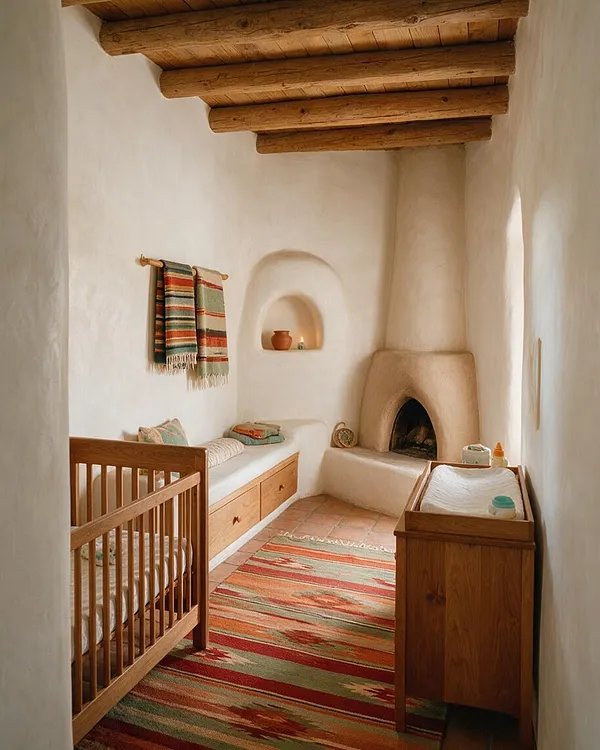 A cozy Southwestern-style nursery with white adobe walls, exposed wooden ceiling beams, a woven striped rug, and warm wood furniture. The room includes a wooden crib, a built-in bench with storage drawers, a changing table, and a small fireplace alcove, all in soft earthy tones.