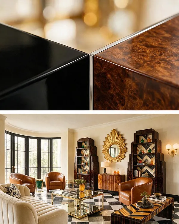 A close-up shows two decorative furniture surfaces meeting at a sharp corner, one in high-gloss black lacquer and the other in richly figured burl wood veneer, separated by a thin chrome trim. Below, a refined Art Deco living room features a black-and-white checkerboard floor, gold sunburst mirror, leather chairs, a velvet sofa, and sculptural wood furniture.