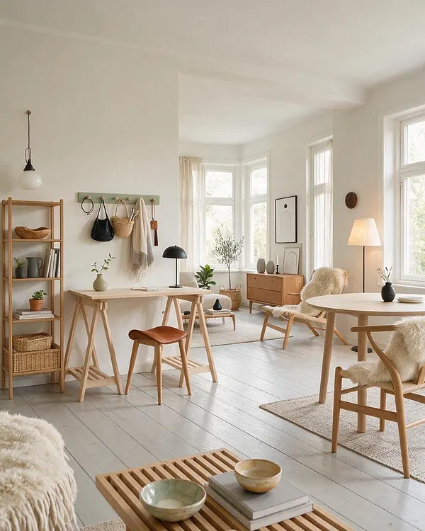 A bright Scandinavian-style sunroom with white walls, large windows, pale wood furniture, and cozy neutral textiles. The room includes a wooden desk, round dining table, open shelving, fur-covered chairs, soft rugs, and simple decor in a calm, airy layout.
