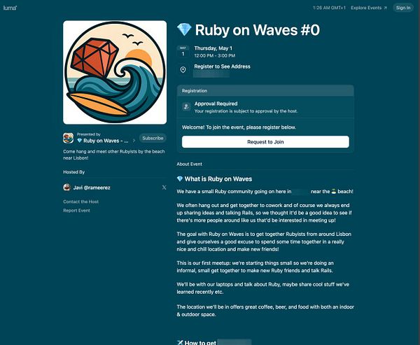 Event page for 'Ruby on Waves' featuring details about a community gathering near Lisbon.