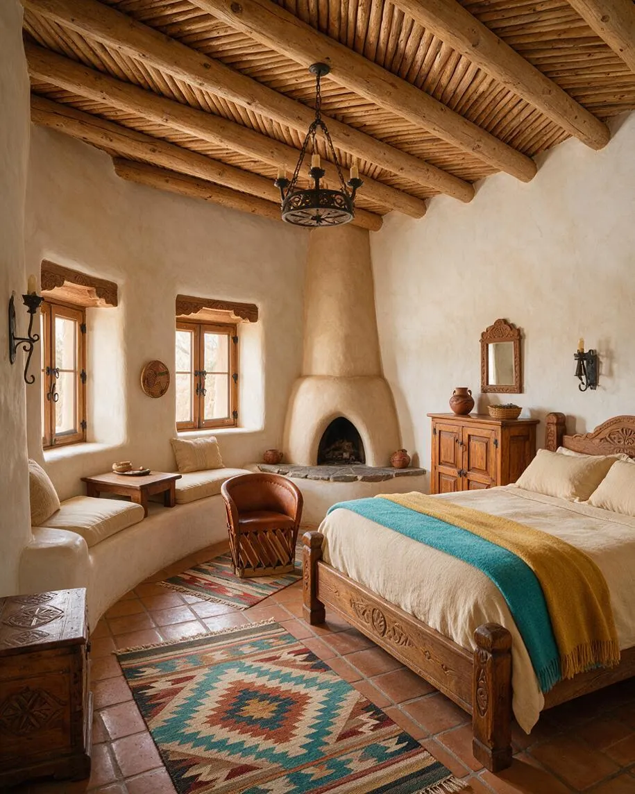 A Southwestern-style guest bedroom with a carved wooden bed, cream bedding, and a turquoise-and-gold throw. The room features adobe-style plaster walls, exposed wood ceiling beams, terracotta tile flooring, a built-in window seat, carved wood furniture, a small fireplace, and patterned woven rugs.