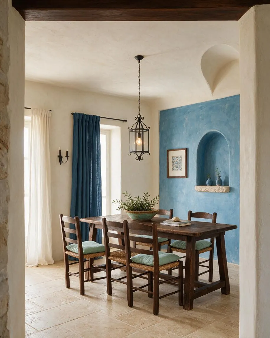 A Mediterranean-style dining room with a rustic wooden table and four wooden chairs with woven seats and pale green cushions. The room has cream plaster walls, a blue accent wall with a recessed niche, dark teal drapes, a hanging lantern, and a beige stone-tile floor.