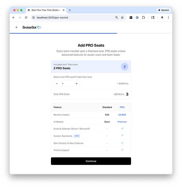 A mobile app interface showing a new billing and onboarding flow with usage statistics and a phone verification screen.