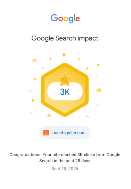 A congratulatory message indicating a website's achievement of 3,000 clicks from Google Search.
