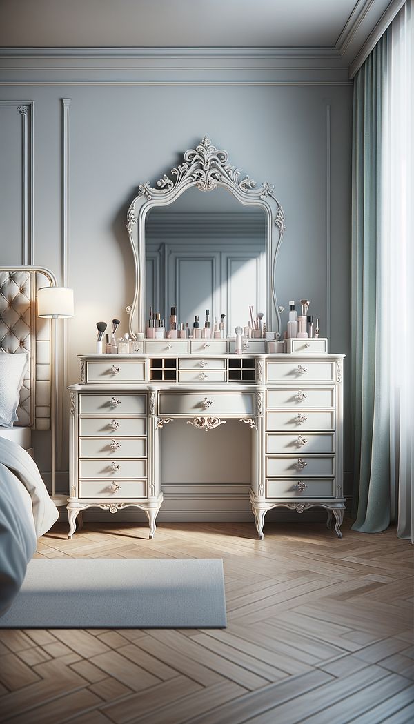 Illustrate an elegant, small-sized dressing table with a decorative mirror, known as a poudresse, showcasing multiple drawers and compartments for storing beauty products. The table is set in a stylish, well-lit bedroom interior.